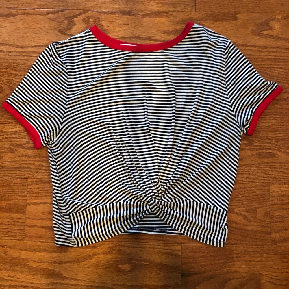 Navy and White Short Sleeve Twist Crop Top